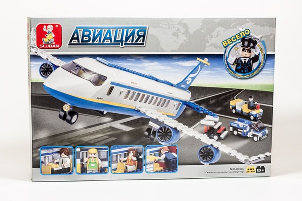 Конструктор SLUBAN M38-B0366 (12шт) Авиация, самолет, 463 дет, фигурки 7шт,в кор-ке,42,5-33-7см