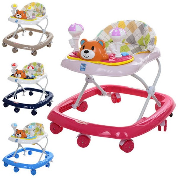 Ходунки M 3656 (5шт) мишка,муз,свет,колеса7шт,стопоры2шт,4цвета(голуб,роз,син,беж)