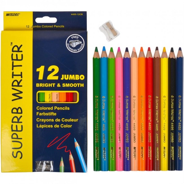 Олівці  4400-12CB 12 цветов треугольные Jumbo с точилкой, Superb Writer,  Marco