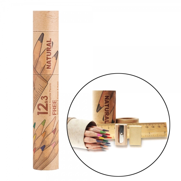 Олівці 6810-15FMCY Cylinder графитные 12кол. + 3 з точилкою і лінійкою, Natural - Cedarlite,  Marco