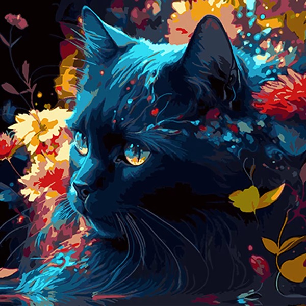 Картина 4040-49 Чорний кіт і квітковий мотив 40*40 на чорному фоні