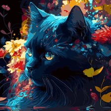 Картина 4040-49 Чорний кіт і квітковий мотив 40*40 на чорному фоні